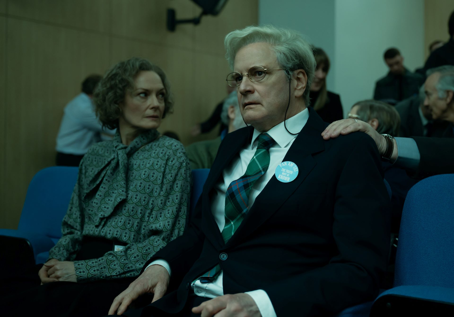 Lockerbie: A Search for Truth: (zľava doprava) Catherine McCormack ako Jane Swire, Colin Firth ako Jim Swire / foto: Graeme Hunter/SKY/Carnival, © 2024 Carnival Film & Television Limited