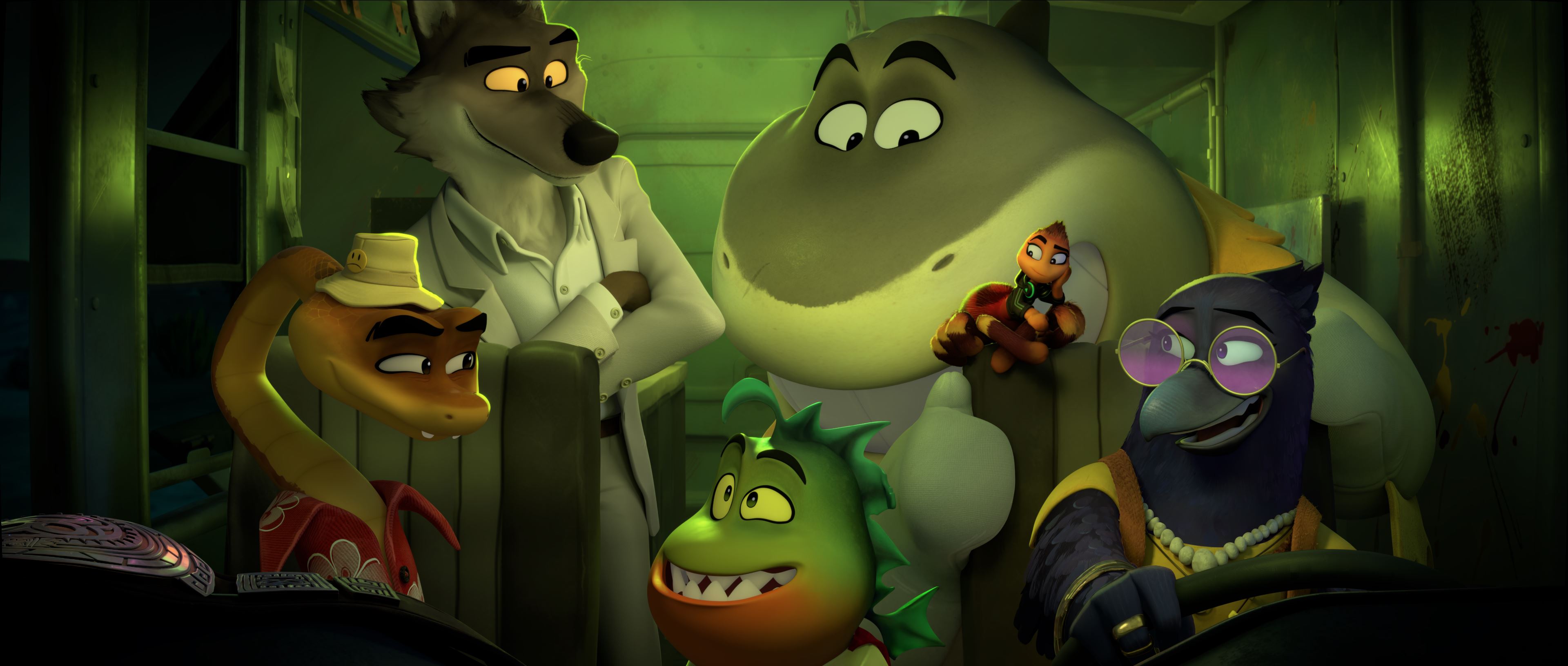 (zľava) pán Had (Marc Maron, pán Vlk (Sam Rockwell), pán Piranha (Anthony Ramos), pán Žralok (Craig Robinson), pani Tarantula (Awkwafina) a Doom (Natasha Lyonne) vo filme Zloduchovia 2 od DreamWorks Animation v réžii Pierra Perifela. Foto: Universal Pictures / DreamWorks Animation; © DreamWorks Animation LLC. Všetky práva vyhradené.
